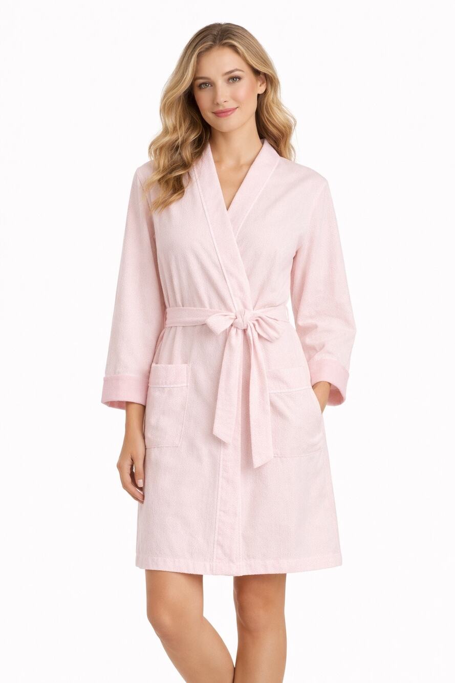 1990s Bonsoir Kassatly Pink Cotton Belted Robe Herringbone Trim Medium